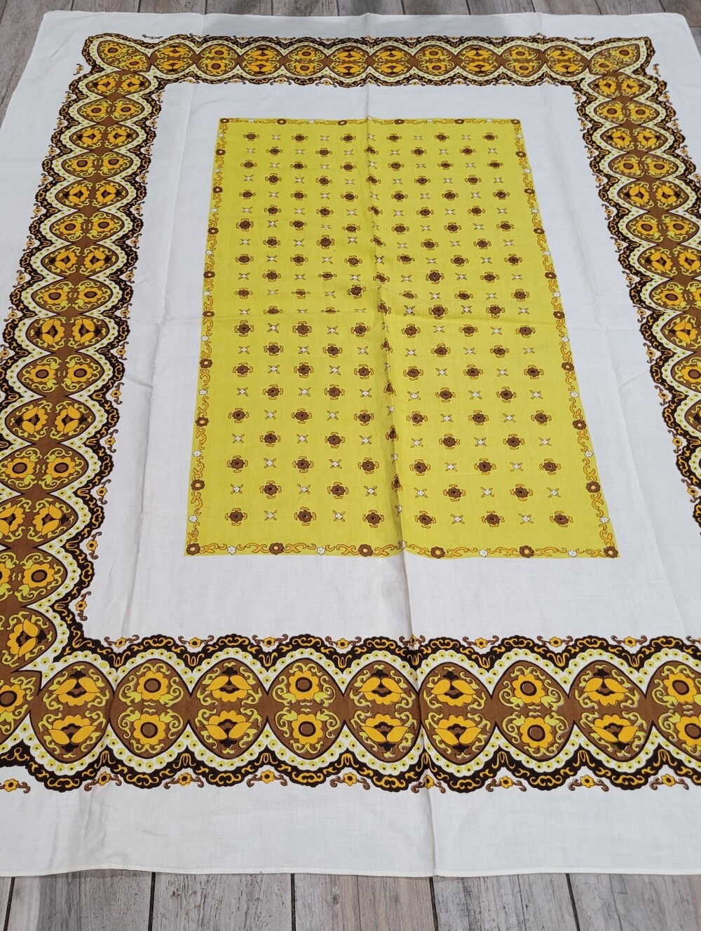 Vtg 1970s Cotton Linen Tablecloth Retro Geometric MCM 58 X 74 Square